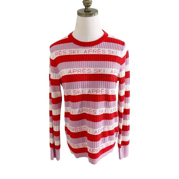J. Crew Red/Pink Striped Apres Ski Sweater Women's Size Medium Crew Neck Ribbed - Picture 1 of 6